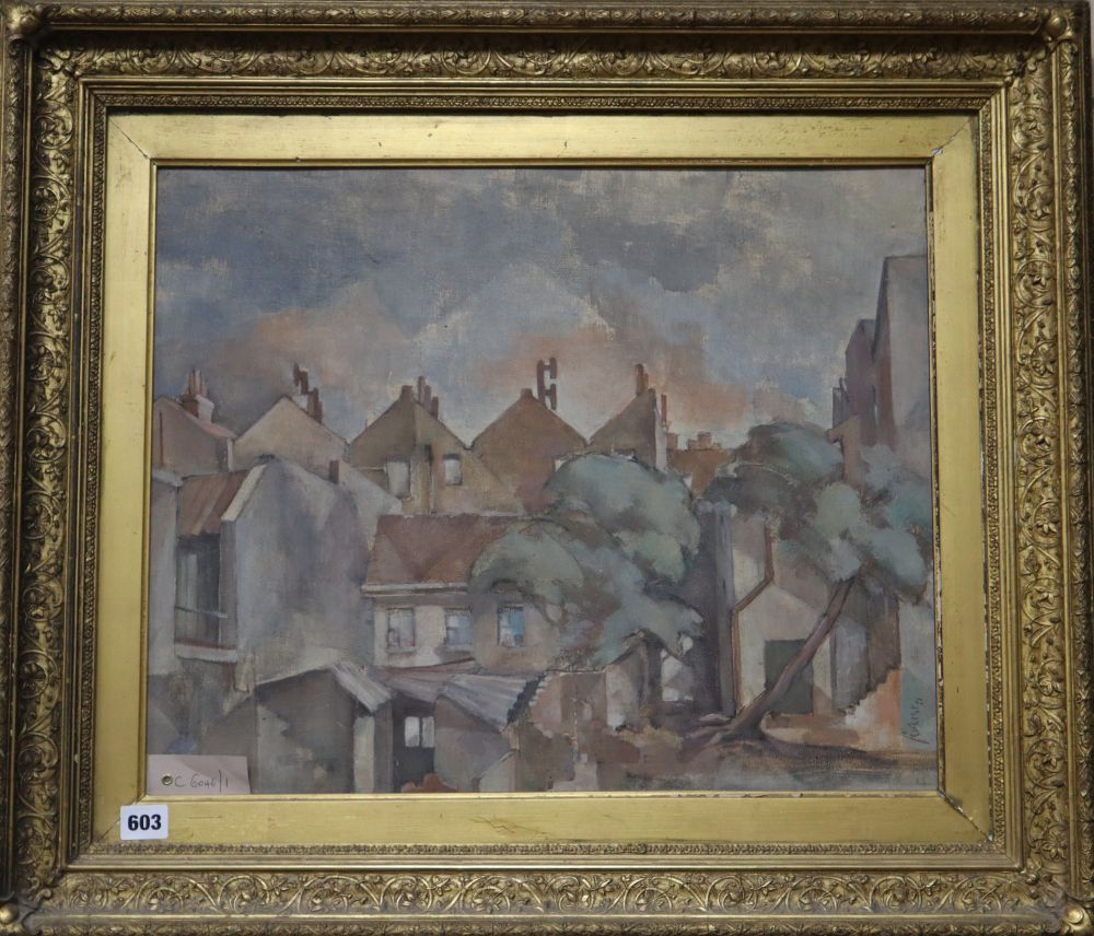 F. Everett, oil on board, View of houses, signed and dated 51, 42 x 52cm